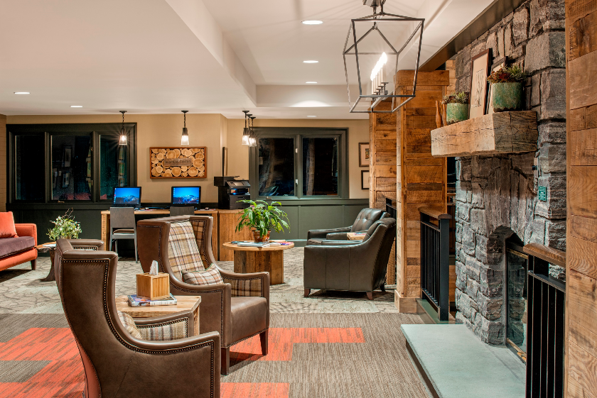 Lobby fireplace, sitting area with computer use