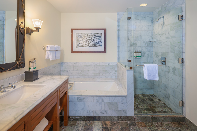 Many guestrooms feature full size soaker tubs and marble-tiled bathrooms